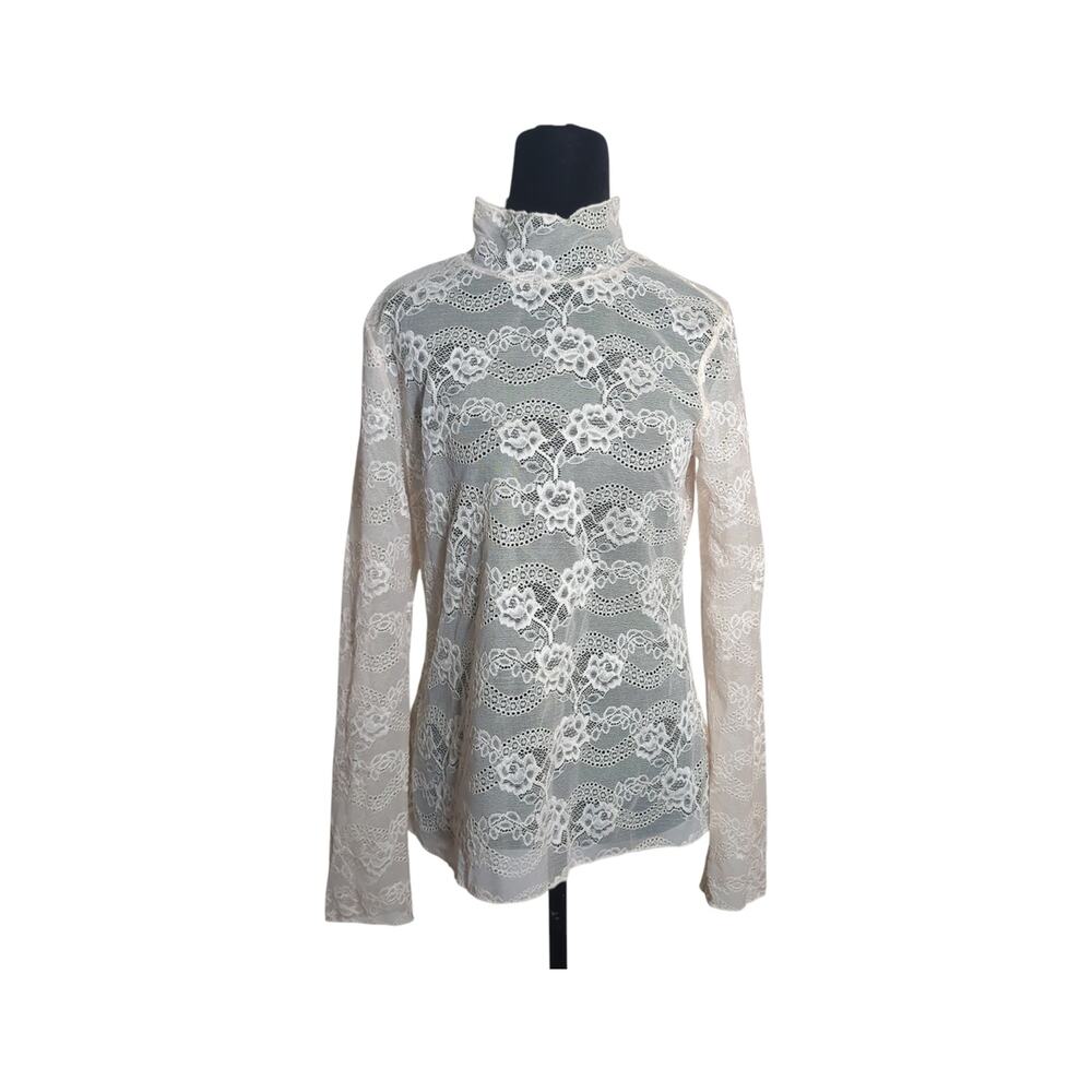 Chelsea 28 Med Lace Mock Neck Top Cream Floral Sheer Long Sleeve Romantic Top